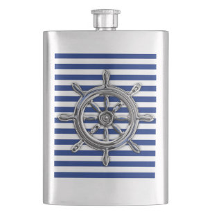 Chrom-Seerad auf Marine-Streifen-Druck Flachmann