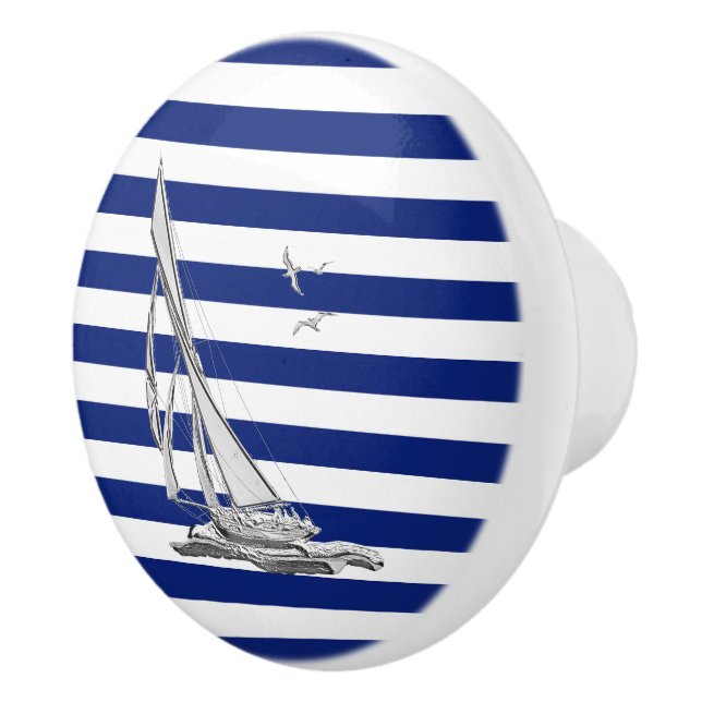 Chrom Segeln auf Nautic Navy Blue Stripes Print Keramikknauf (Rechts)