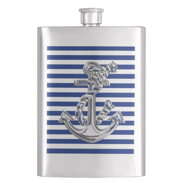 Chrom-Seilbahn-Anker Nautical auf Navy Stripes Pri Flachmann (Vorderseite)