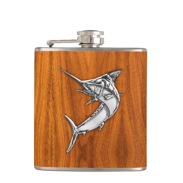 Chrom-Speerfisch auf Teakholz-Druck Flachmann (Vorderseite)