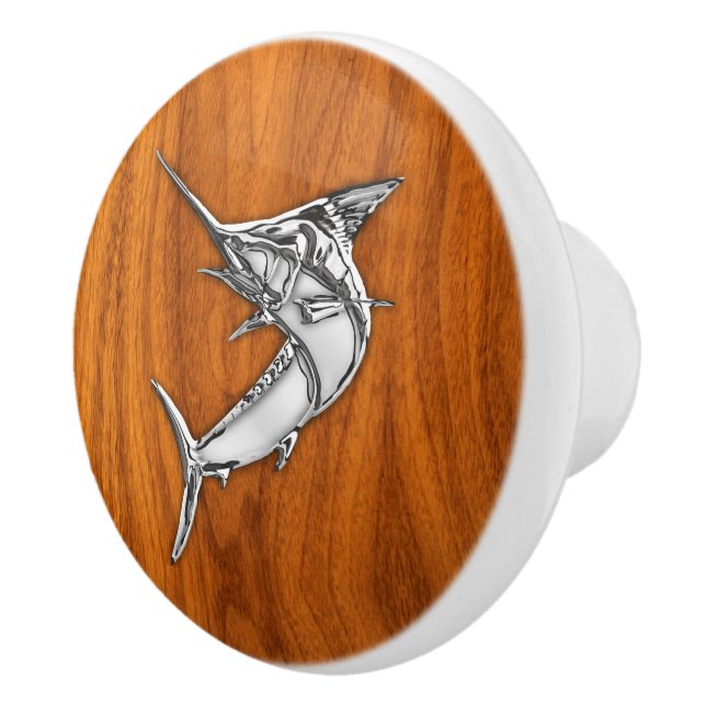 Chrom-Speerfisch-Fische auf Teakholz-hölzernem Keramikknauf (Rechts)