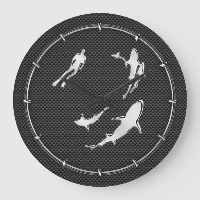 Chrom wie Diver mit Haie auf Kohlenstofffaser Große Wanduhr (Vorderseite)
