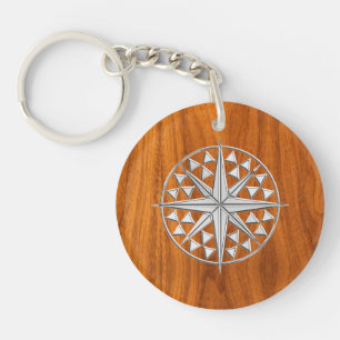 Chrom wie Nautical Compass Star auf Teak Veneer Schlüsselanhänger