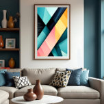 Chromatic Dynamics Poster<br><div class="desc">An explosion of colors and shapes in this modern geometric art. Vibrant tones of turquoise,  pink,  and yellow cross in bold diagonals,  creating depth and energy. Ideal for creative environments seeking modernity and visual impact with clean and sophisticated design.</div>