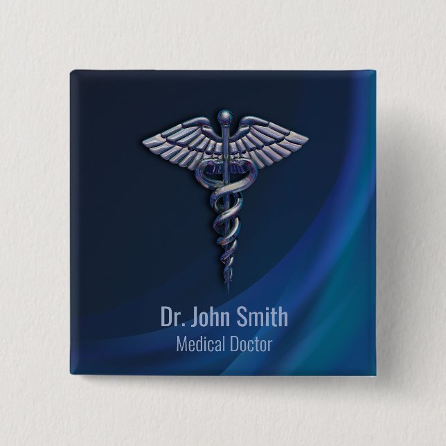 Chrome 3D Medical Dark Holographic Caduceus Button (Vorderseite)