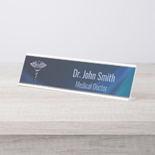 Chrome 3D Medical Dark Holographic Caduceus Schreibtischnamensplakette