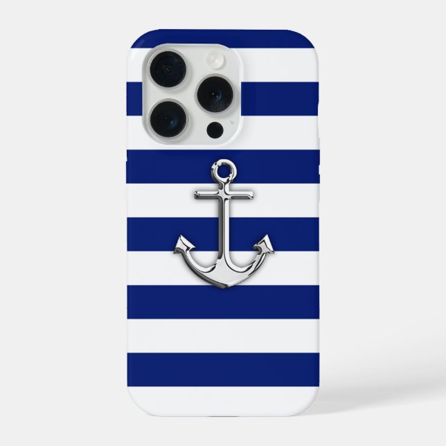 Chrome Anchor auf Navy Stripes iPhone 15 Pro Hülle (Rückseite)