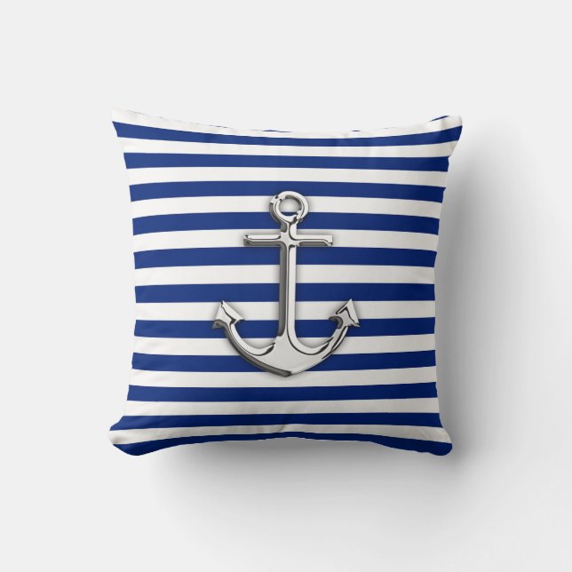 Chrome Anchor auf Navy Stripes Kissen (Vorderseite)