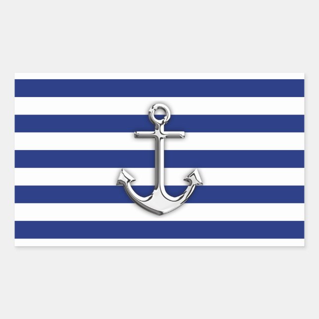 Chrome Anchor auf Navy Stripes Rechteckiger Aufkleber (Vorderseite)