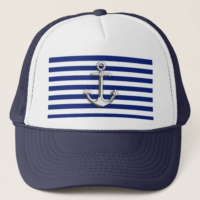 Chrome Anchor auf Navy Stripes Truckerkappe (Vorderseite)