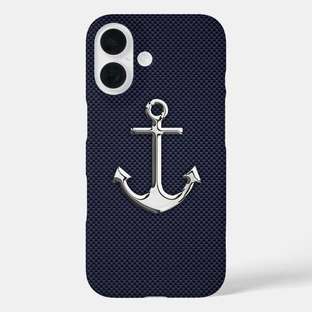Chrome Anker auf Carbon Fibre Print iPhone 16 Hülle (Rückseite)
