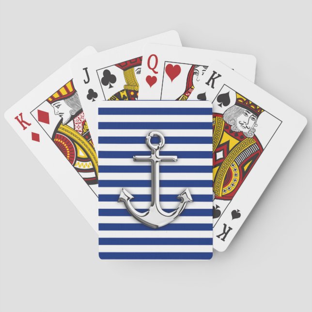 Chrome Anker auf Navy Stripes Print Spielkarten (Rückseite)