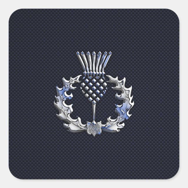 Chrome auf Carbon Fibre Print Scottish Thistle Quadratischer Aufkleber (Vorderseite)