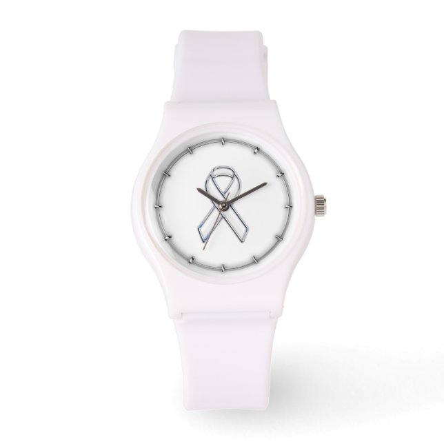 Chrome Belted Style White Ribbon Awareness Armbanduhr (Vorderseite)