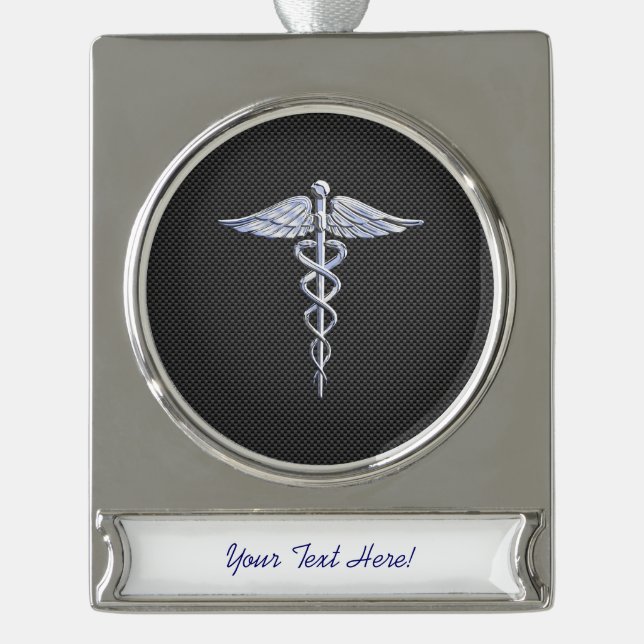 Chrome Caduceus Medical Symbol Black Carbon Fibre Banner-Ornament Silber (Vorderseite)
