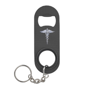 Chrome Caduceus Medical Symbol Black Carbon Fibre Schlüsselbund Flaschenöffner