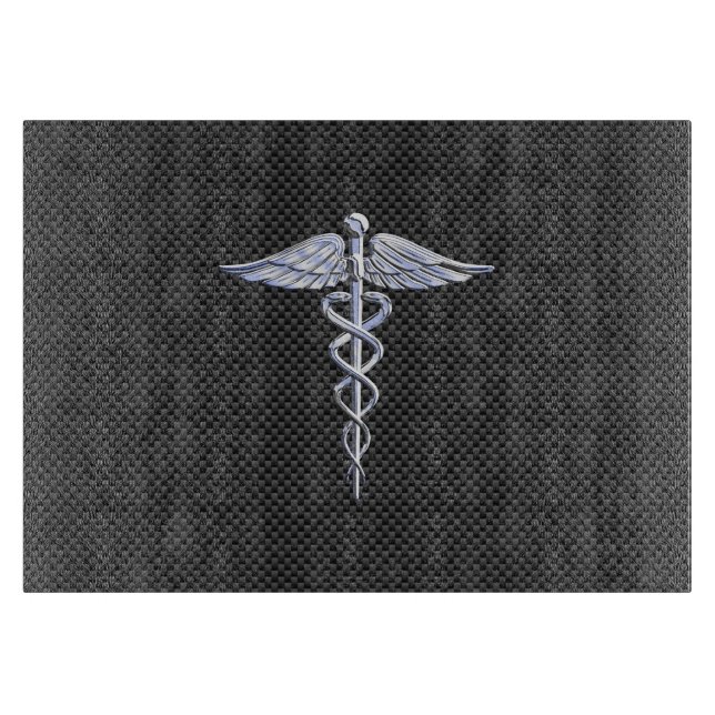 Chrome Caduceus Medical Symbol Black Carbon Fibre Schneidebrett (Vorderseite)