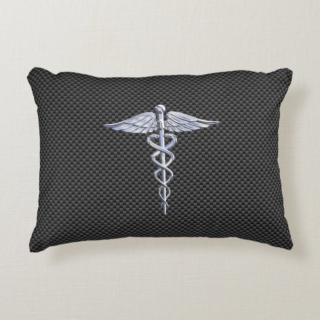 Chrome Caduceus Medical Symbol Black Carbon Fibre Zierkissen (Vorderseite)