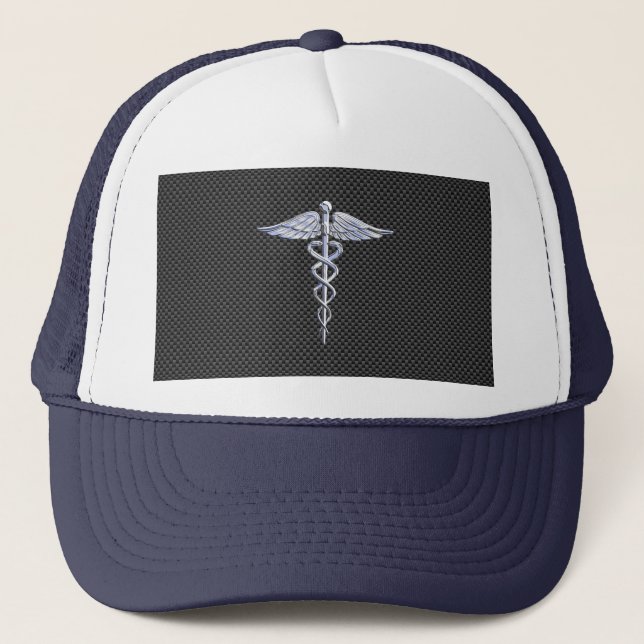 Chrome Caduceus Medical Symbol Carbon Fibre Decke Truckerkappe (Vorderseite)
