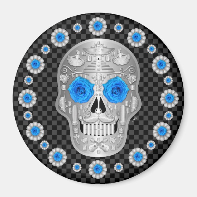 Chrome Calavera (Blaue Rose)  Magnet (Vorne)