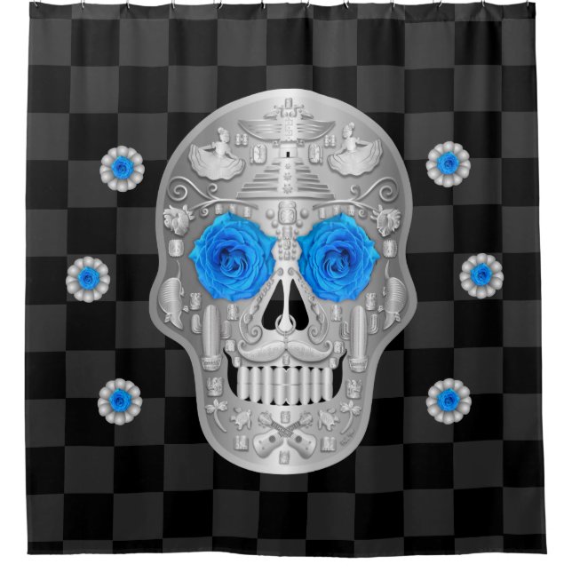 Chrome Calavera (Blue Rose) Duschvorhang (Vorderseite)