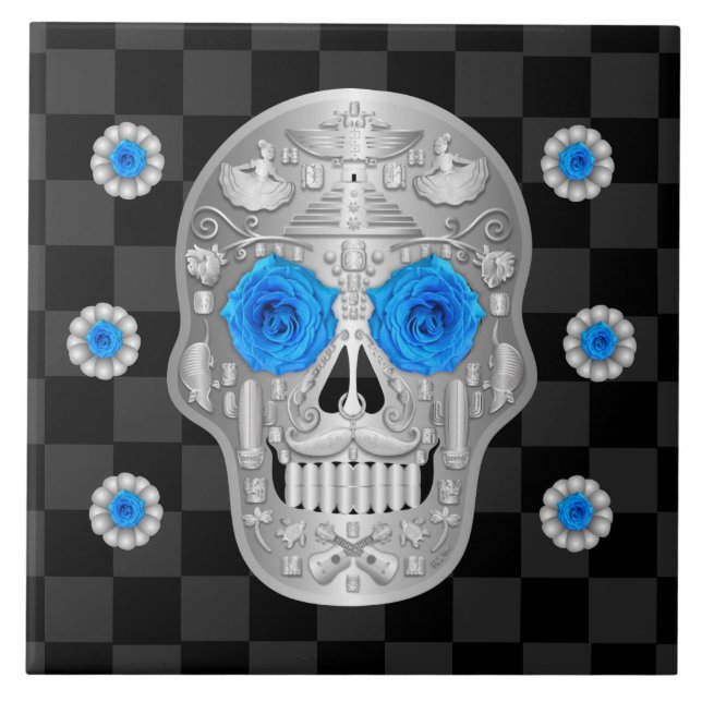 Chrome Calavera (Blue Rose) Keramik Tile Fliese (Vorderseite)