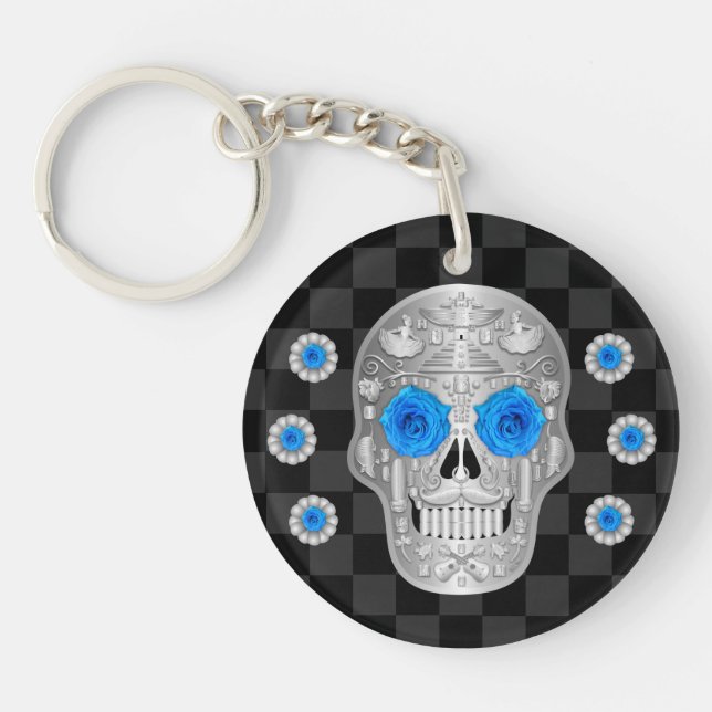 Chrome Calavera (Blue Rose) Schlüsselanhänger (Vorderseite)
