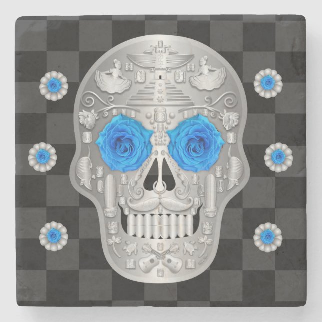 Chrome Calavera (Blue Rose) Stone Untersetzer (Vorderseite)