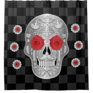 Chrome Calavera (Rote Rose) Duschvorhang
