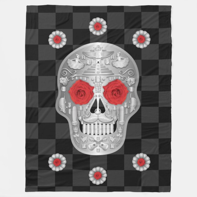 Chrome Calavera (Rote Rose) Fleece Blanket (Vorderseite)