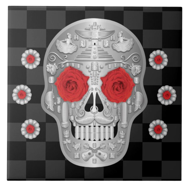 Chrome Calavera (Rote Rose) Keramik Tile Fliese (Vorderseite)