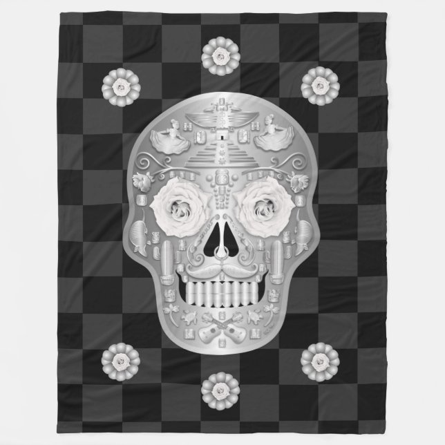 Chrome Calavera (White Rose) Fleece Blanket (Vorderseite)