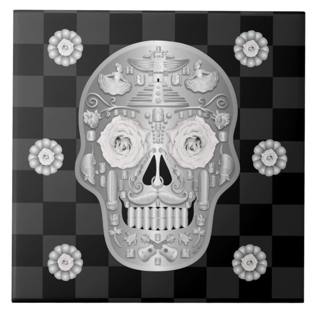 Chrome Calavera (White Rose) Keramik Tile Fliese (Vorderseite)