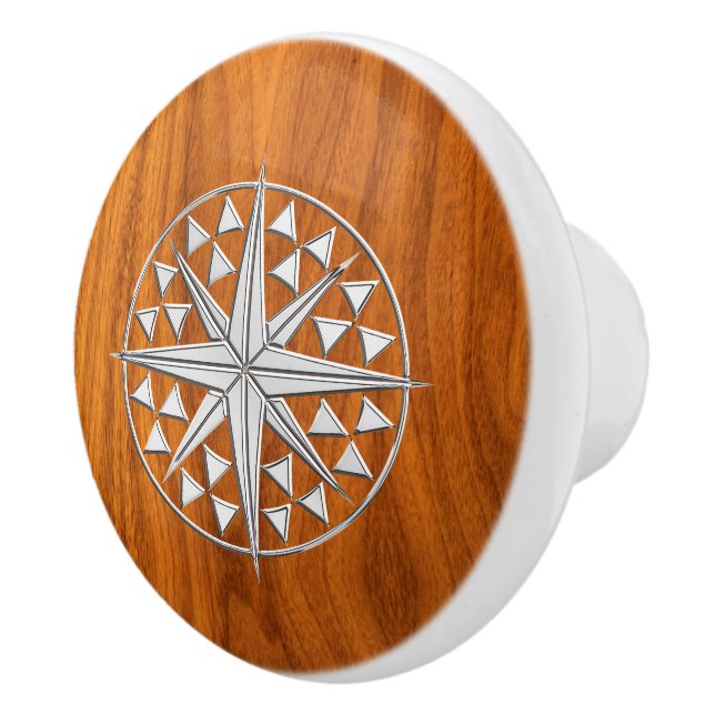 Chrome Compass auf Nautical Teak Holzkörner Print Keramikknauf (Rechts)