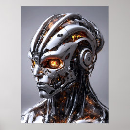 Chrome Cyborg Orange Glow Sci-Fi AI Portrait Poster