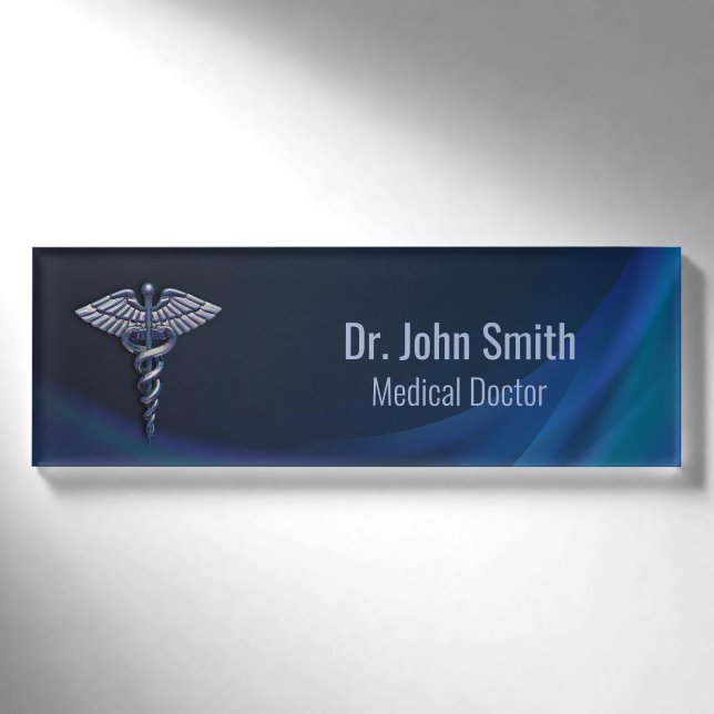 Chrome Dark Holographic 3D Medical Caduceus Namenschild (Vorderseite)
