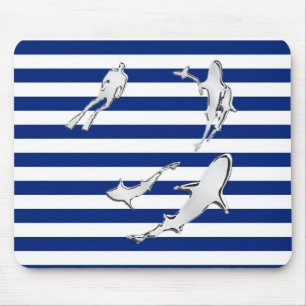 Chrome Diver and Sharks Silhouettes on Stripes Mousepad