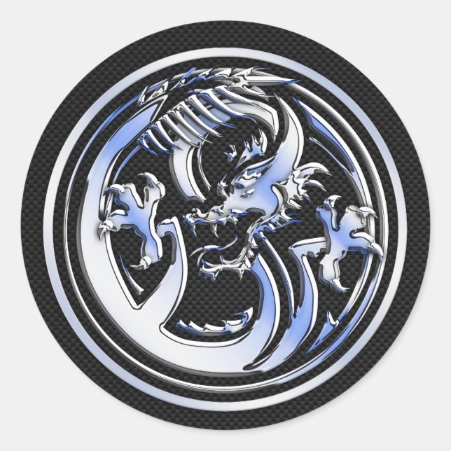 Chrome Dragon Wappen dunkle Carbon Fibre Print Runder Aufkleber (Vorderseite)