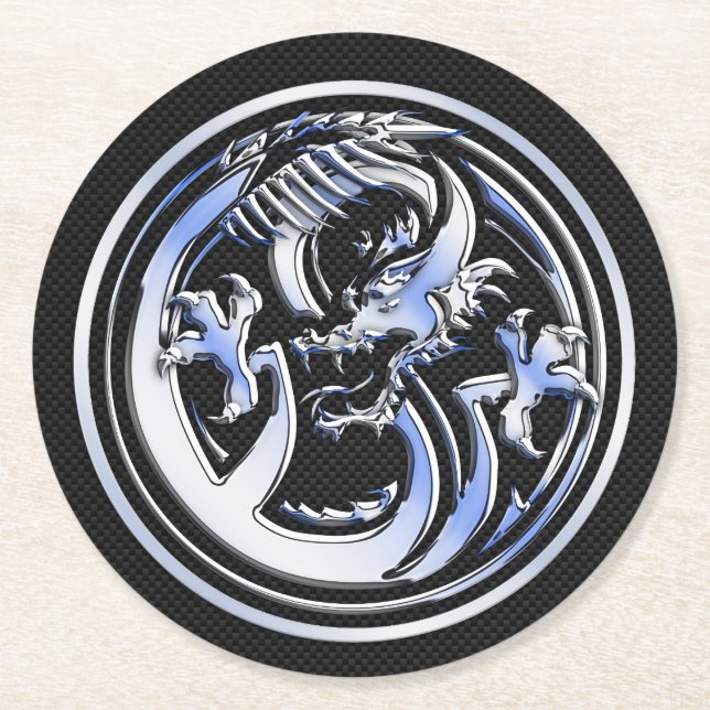 Chrome Dragon Wappen dunkle Carbon Fibre Print Runder Pappuntersetzer (Vorderseite)