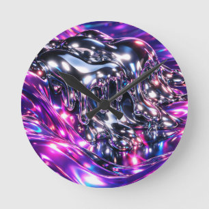 Chrome Flüssig Lila Abstrakt Runde Wanduhr