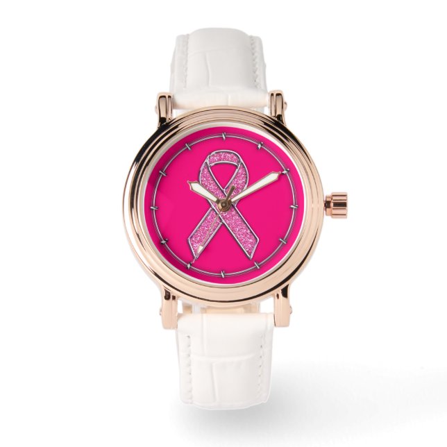Chrome Gürtelter Glitzer Stil Rosa Band Bewusstsei Armbanduhr (Vorderseite)