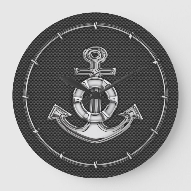 Chrome Lifesaver Anker auf Kohlenstofffaser Große Wanduhr (Vorderseite)