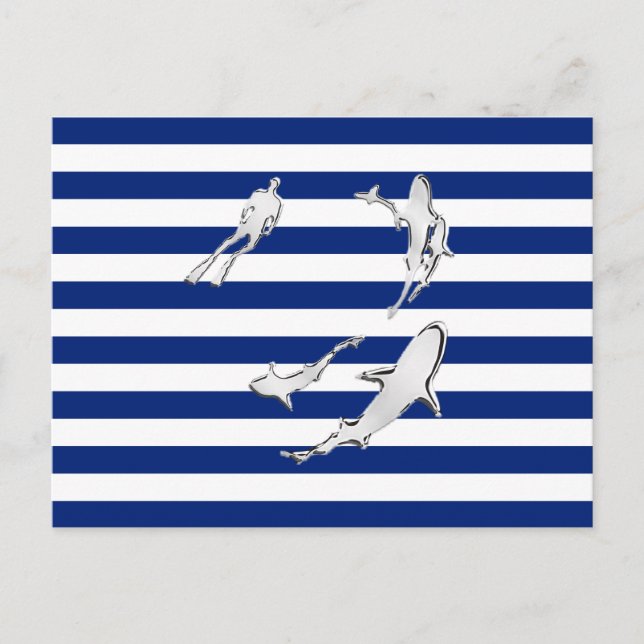 Chrome like Diver and Sharks on Nautical Stripes Postkarte (Vorderseite)