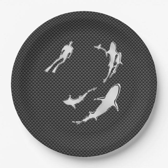 Chrome like Diver with Sharks on Carbon Fibre Pappteller (Vorderseite)