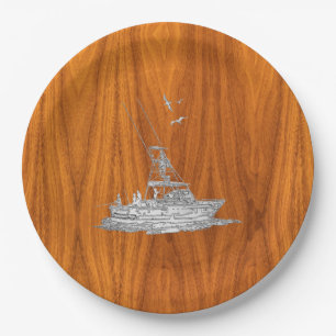 Chrome like Fishing Boat on Teak Wood Pappteller
