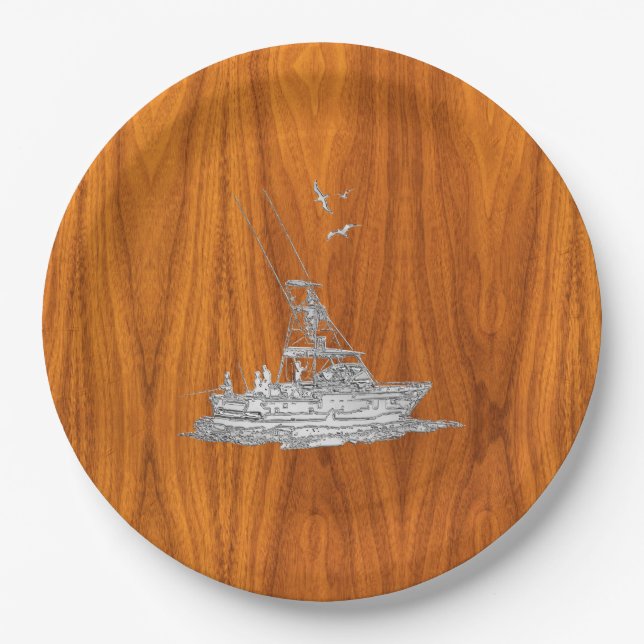 Chrome like Fishing Boat on Teak Wood Pappteller (Vorderseite)