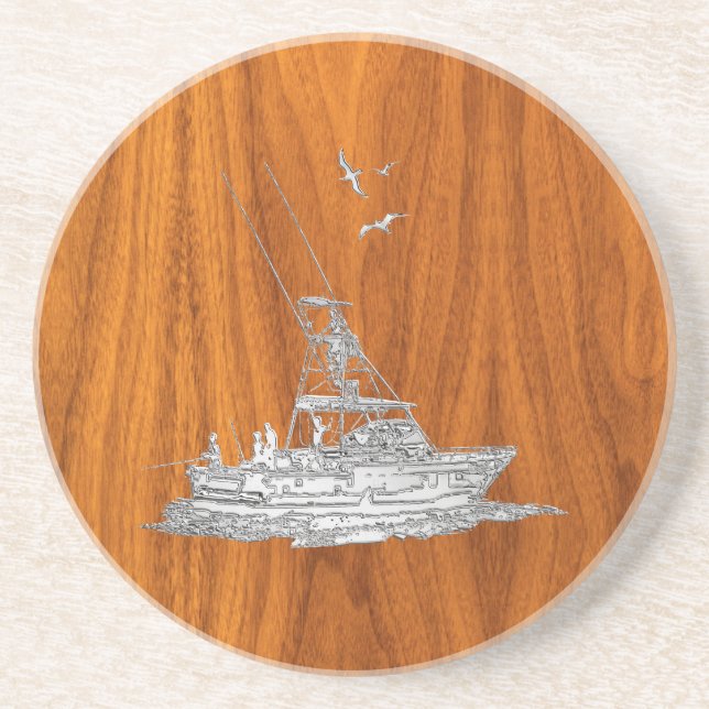 Chrome like Fishing Boat on Teak Wood Untersetzer (Vorne)