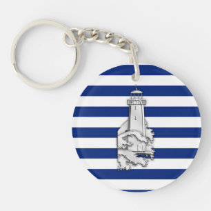 Chrome Like Lighthouse on Nautical Stripes Schlüsselanhänger