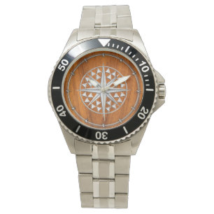 Chrome Like Nautical Compass Star on Teak Veneer Armbanduhr