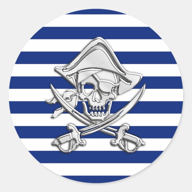 Chrome Like Pirate auf Nautic Stripes Runder Aufkleber (Vorderseite)